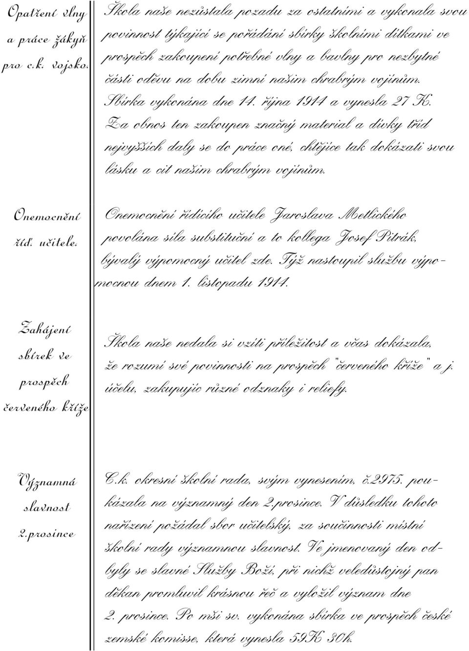 našim chrabrým vojínům. Sbírka vykonána dne 14. října 1914 a vynesla 27 K.