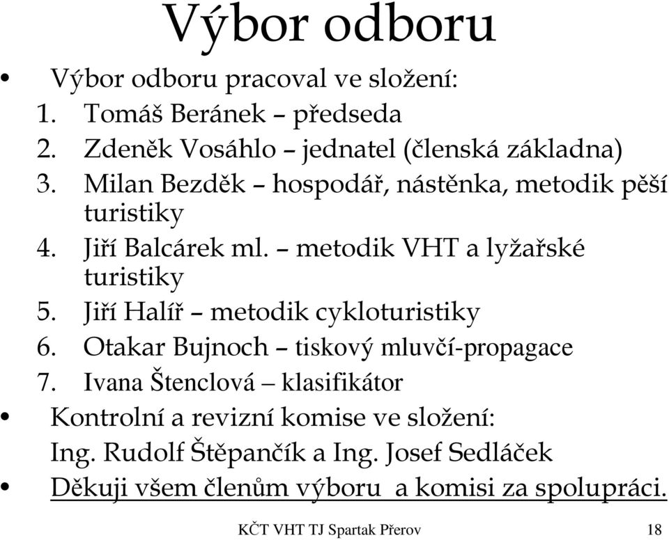 Jiří Halíř metodik cykloturistiky 6. Otakar Bujnoch tiskový mluvčí-propagace 7.