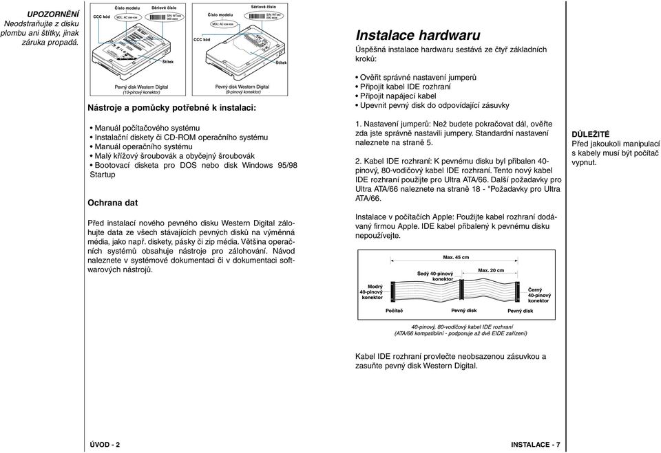 Manuál operačního systému Malý křížový šroubovák a obyčejný šroubovák Bootovací disketa pro DOS nebo disk Windows 95/98 Startup Ochrana dat Před instalací nového pevného disku Western Digital
