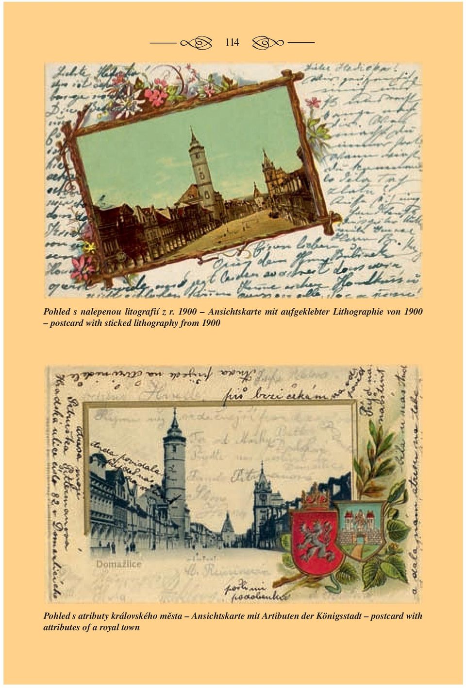 postcard with sticked lithography from 1900 Pohled s atributy