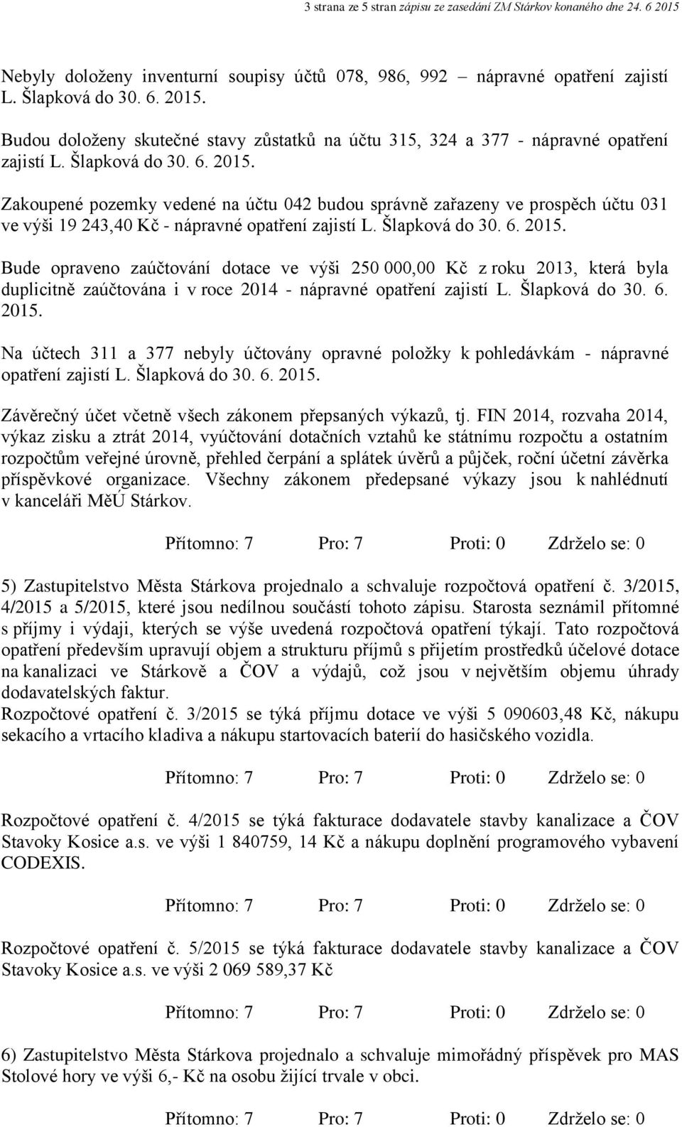 Šlapková do 30. 6. 2015. Na účtech 311 a 377 nebyly účtovány opravné položky k pohledávkám - nápravné opatření zajistí L. Šlapková do 30. 6. 2015. Závěrečný účet včetně všech zákonem přepsaných výkazů, tj.