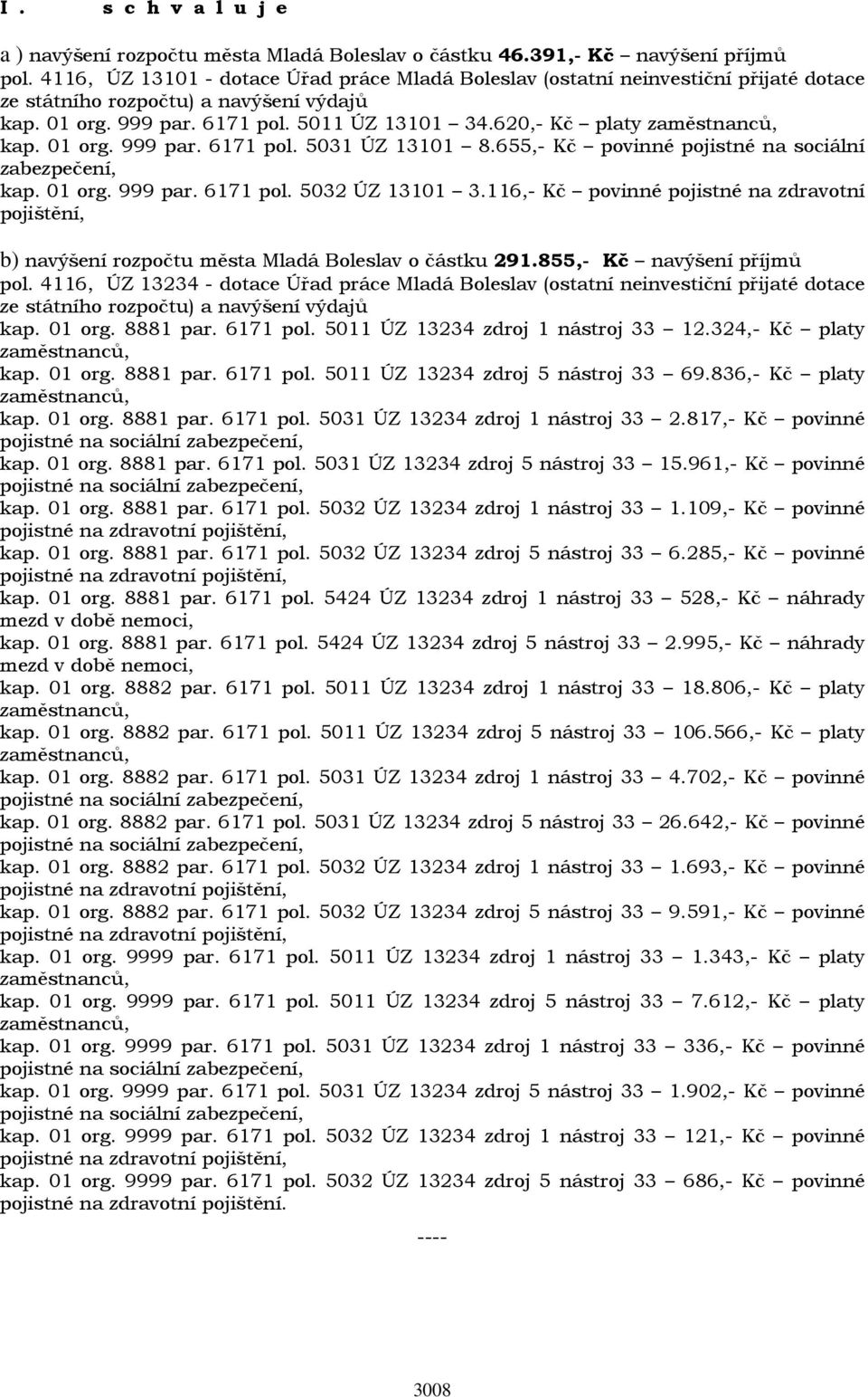 620,- Kč platy zaměstnanců, kap. 01 org. 999 par. 6171 pol. 5031 ÚZ 13101 8.655,- Kč povinné pojistné na sociální zabezpečení, kap. 01 org. 999 par. 6171 pol. 5032 ÚZ 13101 3.