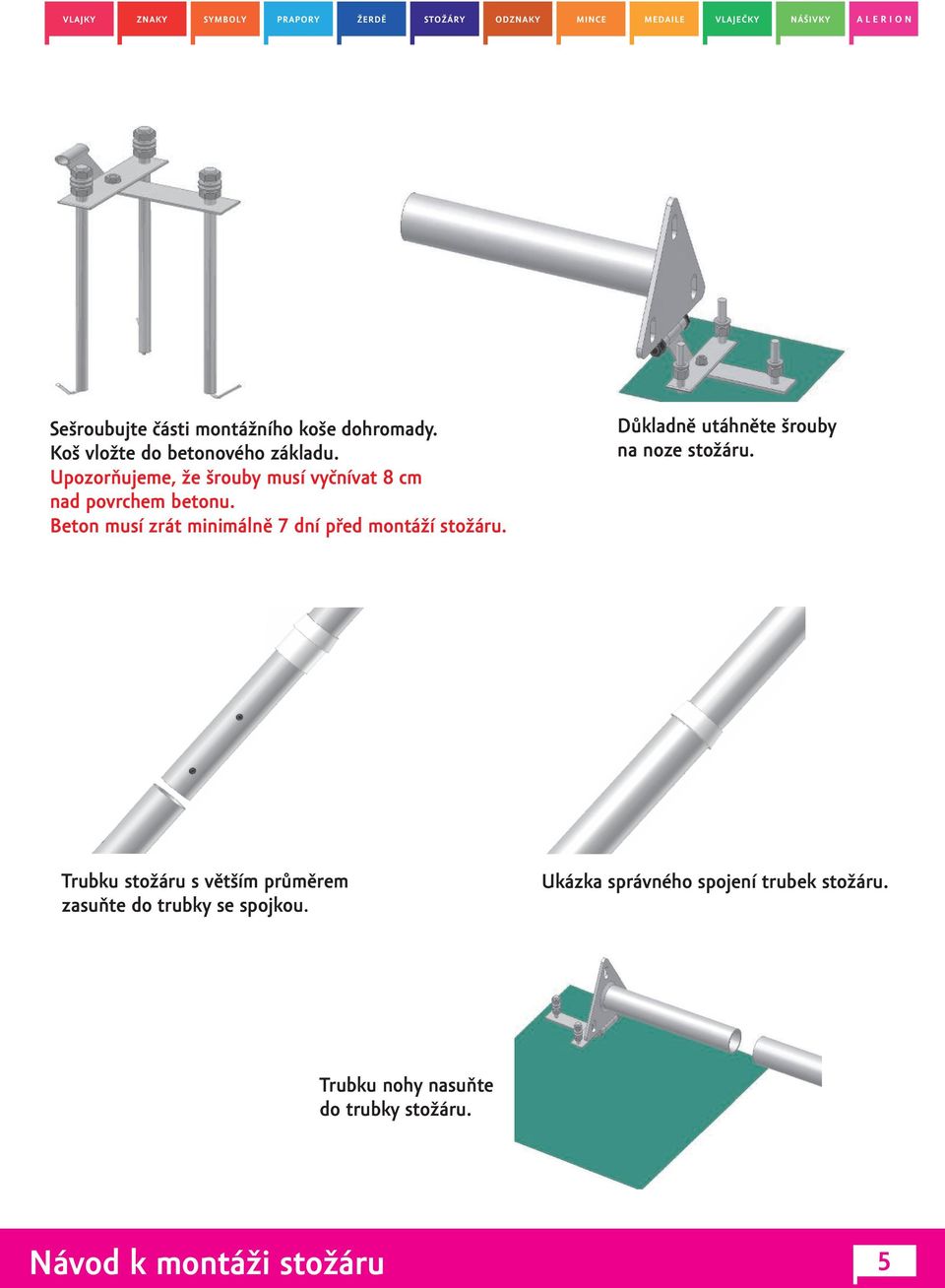 Beton musí zrát minimálnì 7 dní pøed montáží stožáru. Dùkladnì utáhnìte šrouby na noze stožáru.