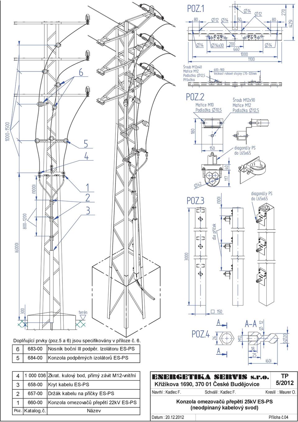 kulový bod, pímý závit M12-vnitní 3 658-00 Kryt kabelu ES-PS 2 657-00 Držák kabelu na píky ES-PS 1 660-00 Konzola omezova peptí 22kV ES-PS Poz.
