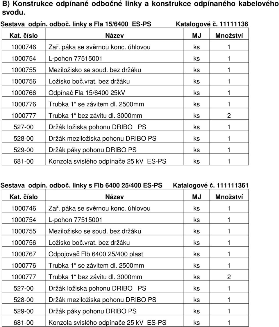 bez držáku ks 1 1000766 Odpínač Fla 15/6400 25kV ks 1 1000776 Trubka 1 se závitem dl. 2500mm ks 1 1000777 Trubka 1 bez závitu dl.