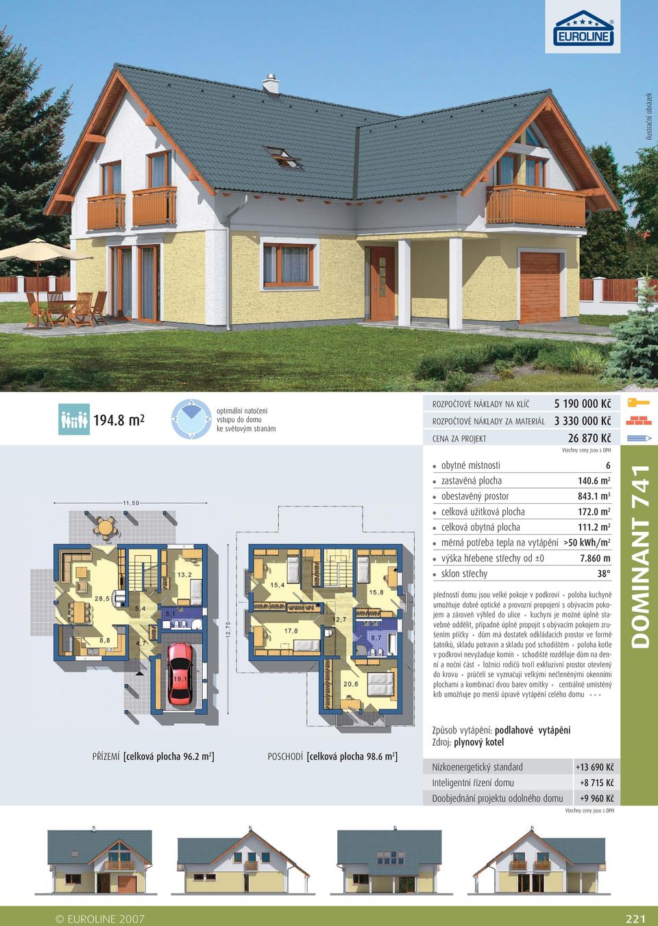 potravin a skladu pod schodištěm poloha kotle v podkroví nevyžaduje komín schodiště rozděluje dům na denní a noční část ložnici rodičů tvoří exkluzivní prostor otevřený do krovu průčelí se vyznačují