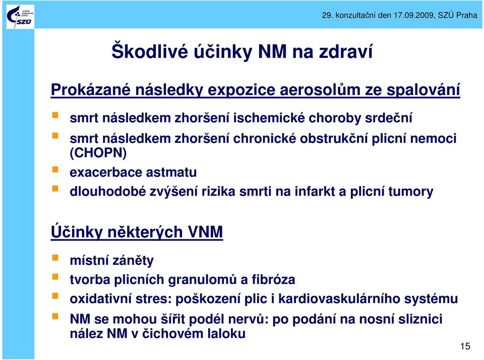 smrti na infarkt a plicní tumory Účinky některých VNM místní záněty tvorba plicních granulomů a fibróza oxidativní stres: