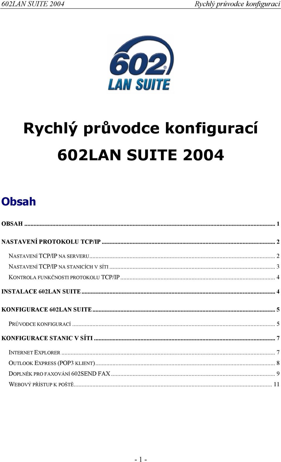 .. 4 INSTALACE 602LAN SUITE... 4 KONFIGURACE 602LAN SUITE... 5 PRŮVODCE KONFIGURACÍ.