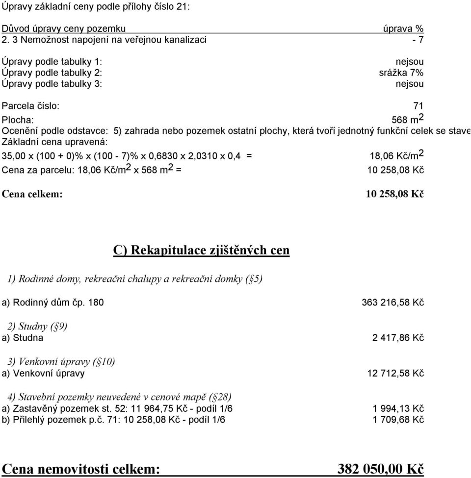 odstavce: 5) zahrada nebo pozemek ostatní plochy, která tvoří jednotný funkční celek se stavebn Základní cena upravená: 35,00 x (100 + 0)% x (100-7)% x 0,6830 x 2,0310 x 0,4 = 18,06 Kč/m 2 Cena za