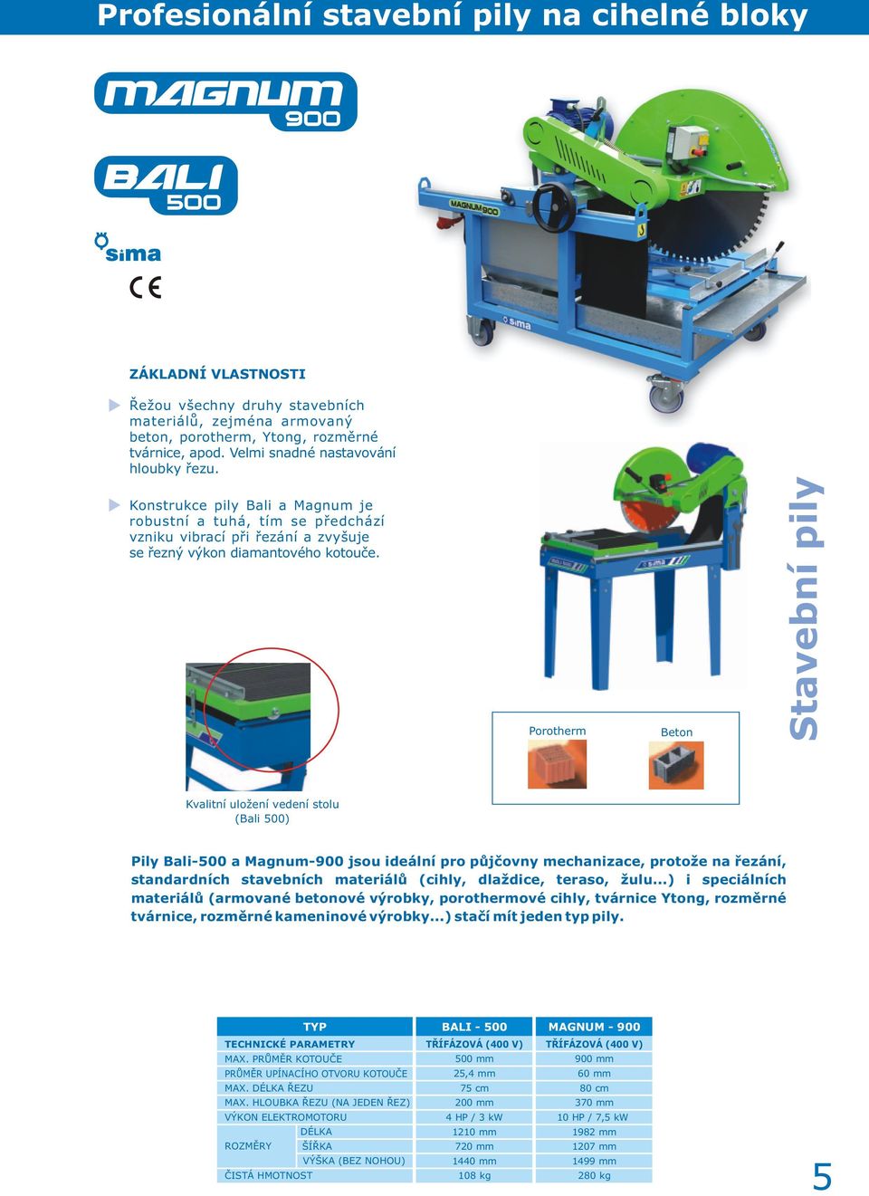 Porotherm Beton Kvalitní uložení vedení stolu (Bali 500) Pily Bali-500 a Magnum-900 jsou ideální pro půjčovny mechanizace, protože na řezání, standardních stavebních materiálů (cihly, dlaždice,
