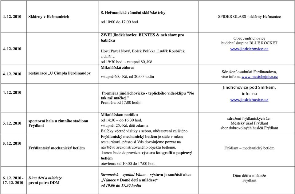 cz 4. 12. 2010 Premiéra jindřichovicko - teplického videoklipu "No tak mě mačkej" Premiéra od 17:00 hodin Jindřichovice pod Smrkem, info na www.jindrichovice.cz 5. 12. 2010 5. 12. 2010 sportovní hala u zimního stadionu ský mechanický betlém Mikulášskou nadílku od 14:30 do 16:30 hod.