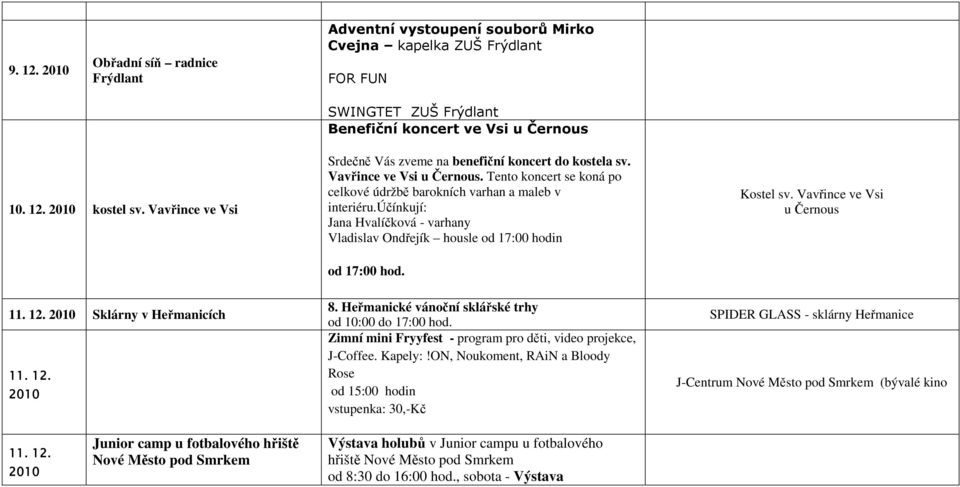 účínkují: Jana Hvalíčková - varhany Vladislav Ondřejík housle od 17:00 hodin od 17:00 hod. Kostel sv. Vavřince ve Vsi u Černous 11. 12. 2010 Sklárny v Heřmanicích 11. 12. 2010 8.