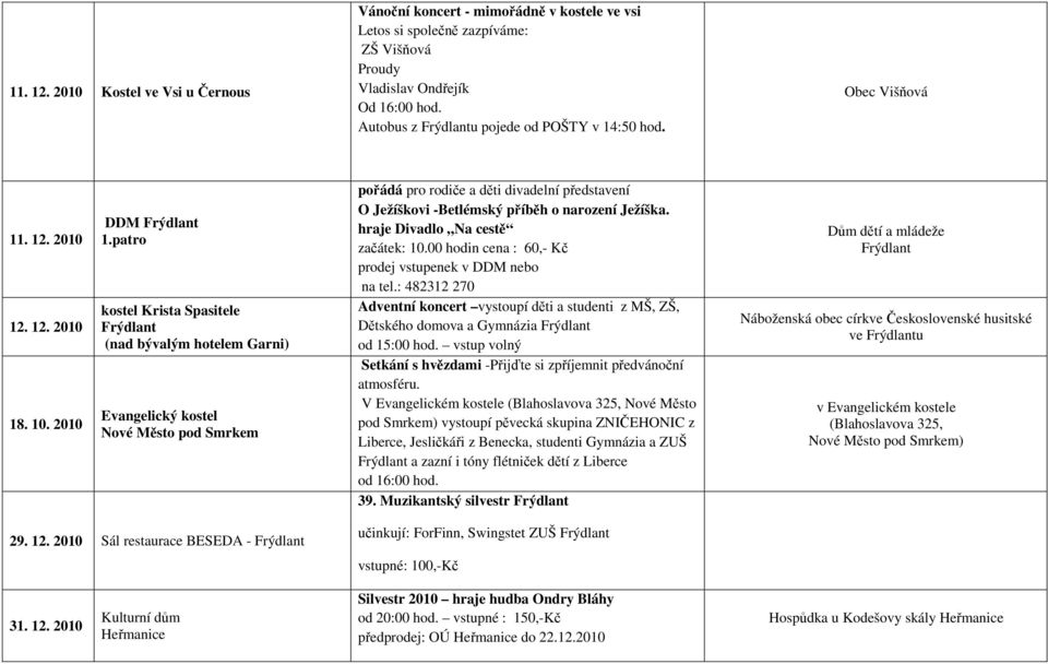 patro kostel Krista Spasitele (nad bývalým hotelem Garni) Evangelický kostel Nové Město pod Smrkem pořádá pro rodiče a děti divadelní představení O Ježíškovi -Betlémský příběh o narození Ježíška.