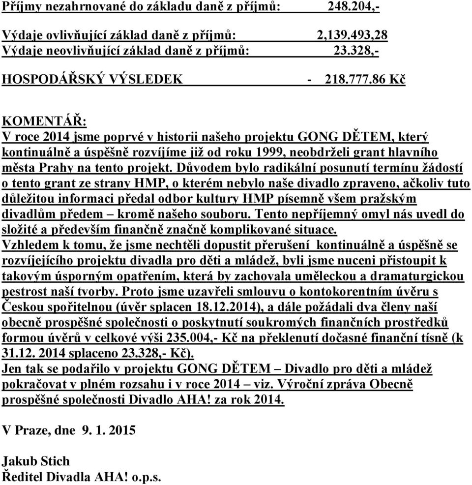 Důvodem bylo radikální posunutí termínu žádostí o tento grant ze strany HMP, o kterém nebylo naše divadlo zpraveno, ačkoliv tuto důležitou informaci předal odbor kultury HMP písemně všem pražským