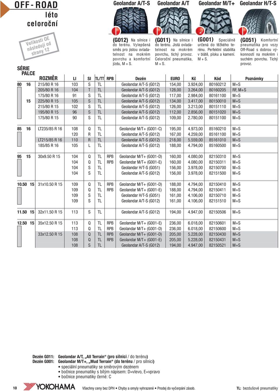 (G001) Speciálnû určená do tûïkého terénu. Perfektní stabilita v blátû, písku a kamení. M + S. 80 16 215/80 R 16 103 S TL Geolandar A/T-S (G012) 154,00 3.