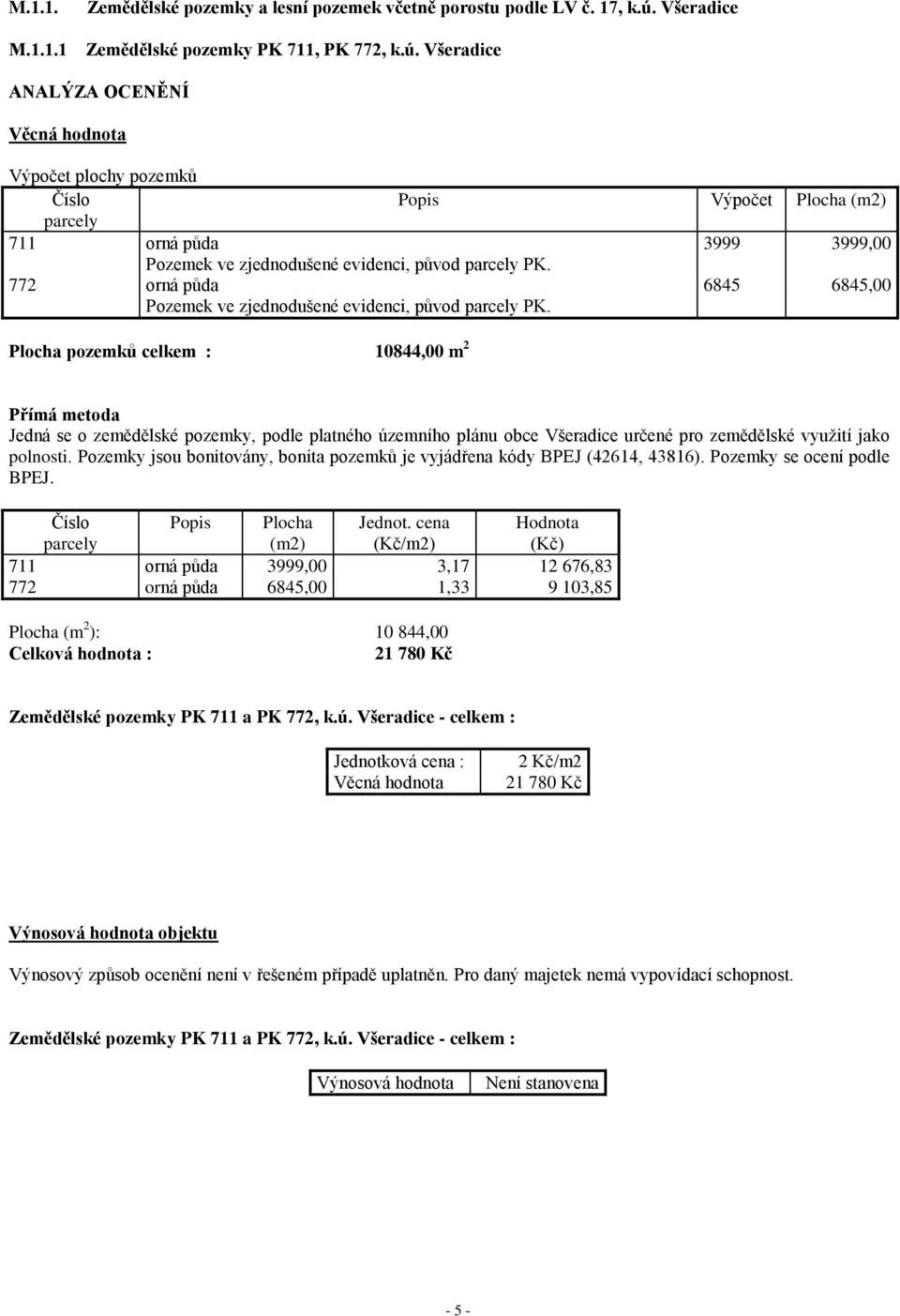 Všeradice ANALÝZA OCENĚNÍ Věcná hodnota Výpočet plochy pozemků Číslo Popis Výpočet Plocha (m2) parcely 711 orná půda 3999 3999,00 Pozemek ve zjednodušené evidenci, původ parcely PK.