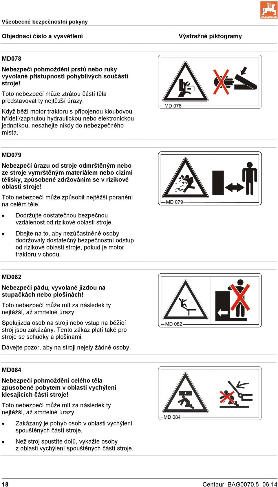Když běží motor traktoru s připojenou kloubovou hřídelí/zapnutou hydraulickou nebo elektronickou jednotkou, nesahejte nikdy do nebezpečného místa.
