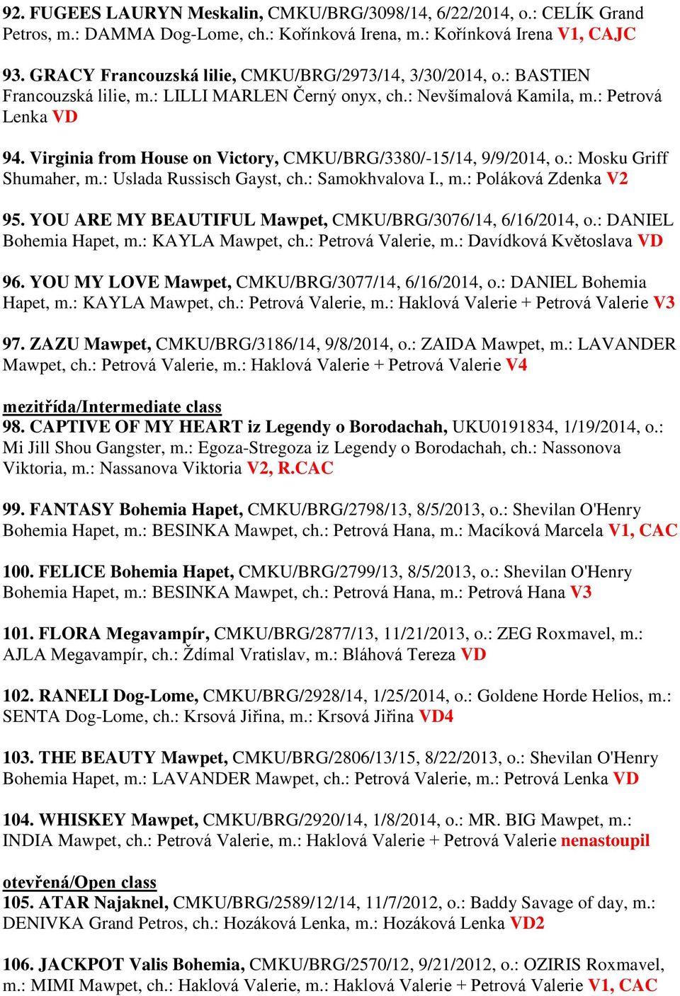 Virginia from House on Victory, CMKU/BRG/3380/-15/14, 9/9/2014, o.: Mosku Griff Shumaher, m.: Uslada Russisch Gayst, ch.: Samokhvalova I., m.: Poláková Zdenka V2 95.