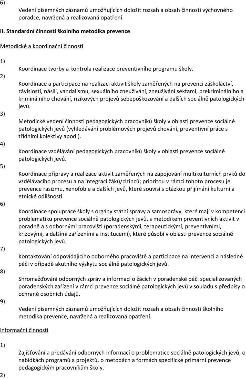 Koordinace a participace na realizaci aktivit školy zaměřených na prevenci záškoláctví, závislostí, násilí, vandalismu, sexuálního zneužívání, zneužívání sektami, prekriminálního a kriminálního