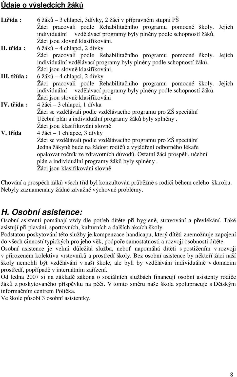 třída : 6 žáků 4 chlapci, 2 dívky Žáci pracovali podle Rehabilitačního programu pomocné školy. Jejich individuální vzdělávací programy byly plněny podle schopností žáků.