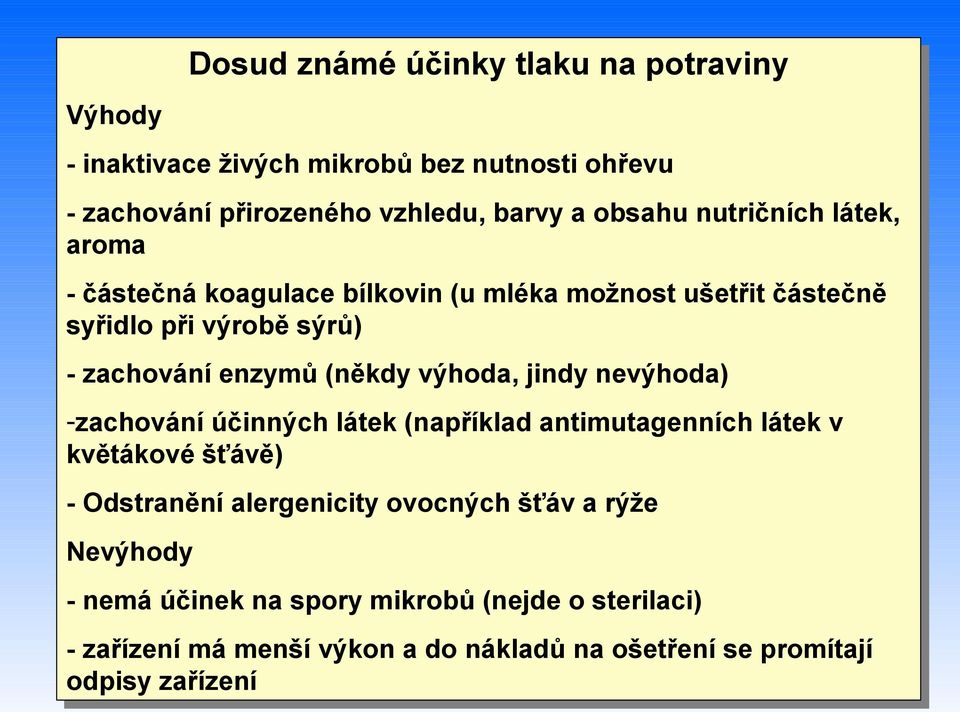 výhoda, jindy nevýhoda) -zachování účinných látek (například antimutagenních látek v květákové šťávě) - Odstranění alergenicity ovocných šťáv