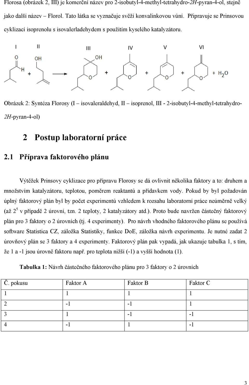 I II III IV V VI Obrázek 2: Syntéza Florosy (I isovaleraldehyd, II isoprenol, III - 2-isobutyl-4-methyl-tetrahydro- 2H-pyran-4-ol) 2 Postup laboratorní práce 2.
