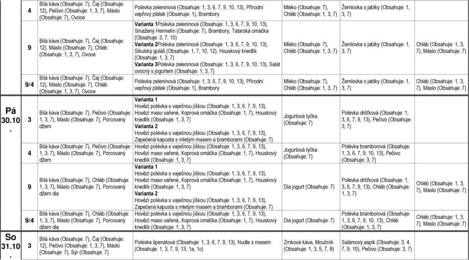 zeleninová (Obsahuje: 1,, 6, 7,, 10, 1), Přírodní vepřový plátek (Obsahuje: 1), Brambory Varianta 1Polévka zeleninová (Obsahuje: 1,, 6, 7,, 10, 1), Smažený Hermelín (Obsahuje:, Brambory, Tatarská