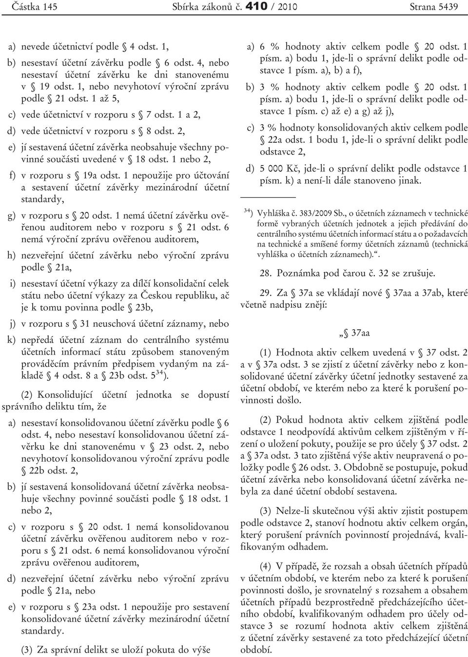 2, e) jí sestavená účetní závěrka neobsahuje všechny povinné součásti uvedené v 18 odst. 1 nebo 2, f) v rozporu s 19a odst.