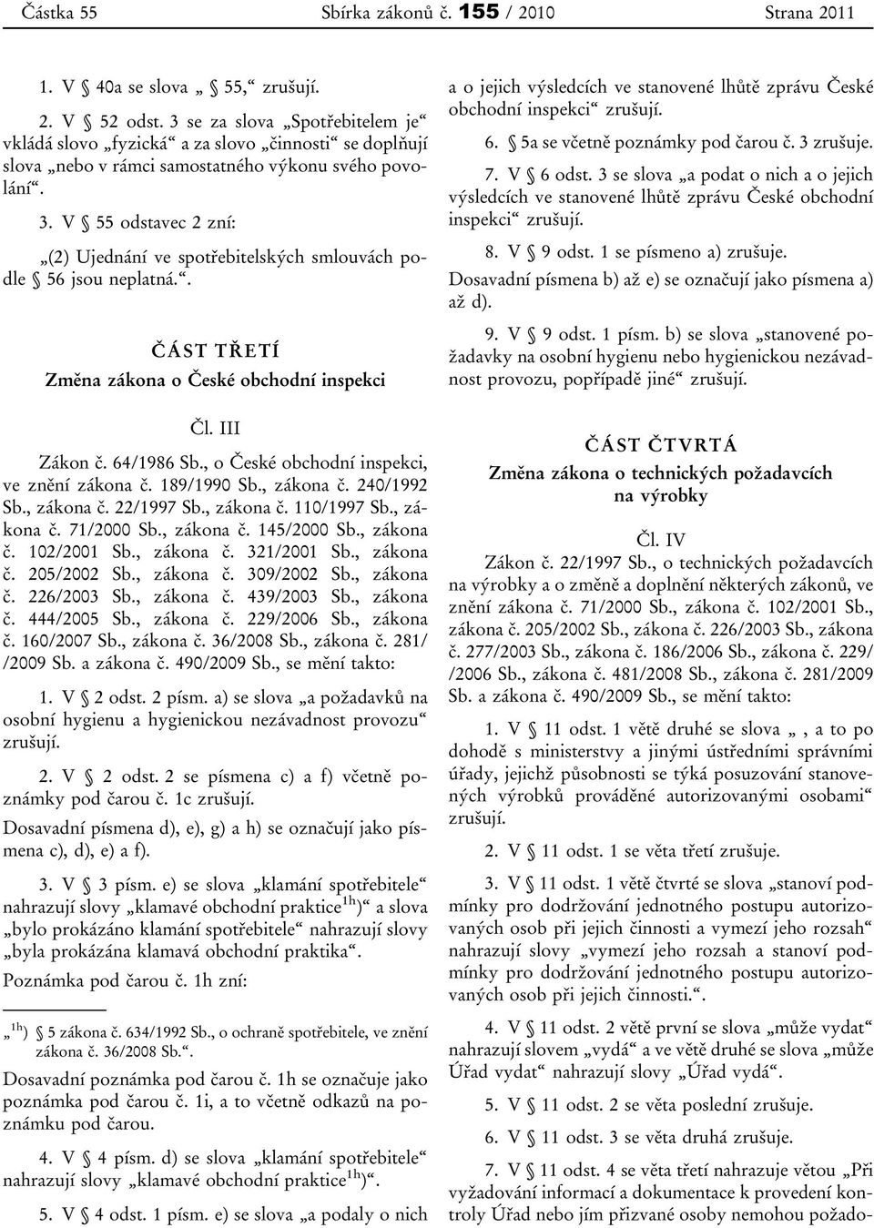 V 55 odstavec 2 zní: (2) Ujednání ve spotřebitelských smlouvách podle 56 jsou neplatná.. ČÁST TŘETÍ Změna zákona o České obchodní inspekci Čl. III Zákon č. 64/1986 Sb.