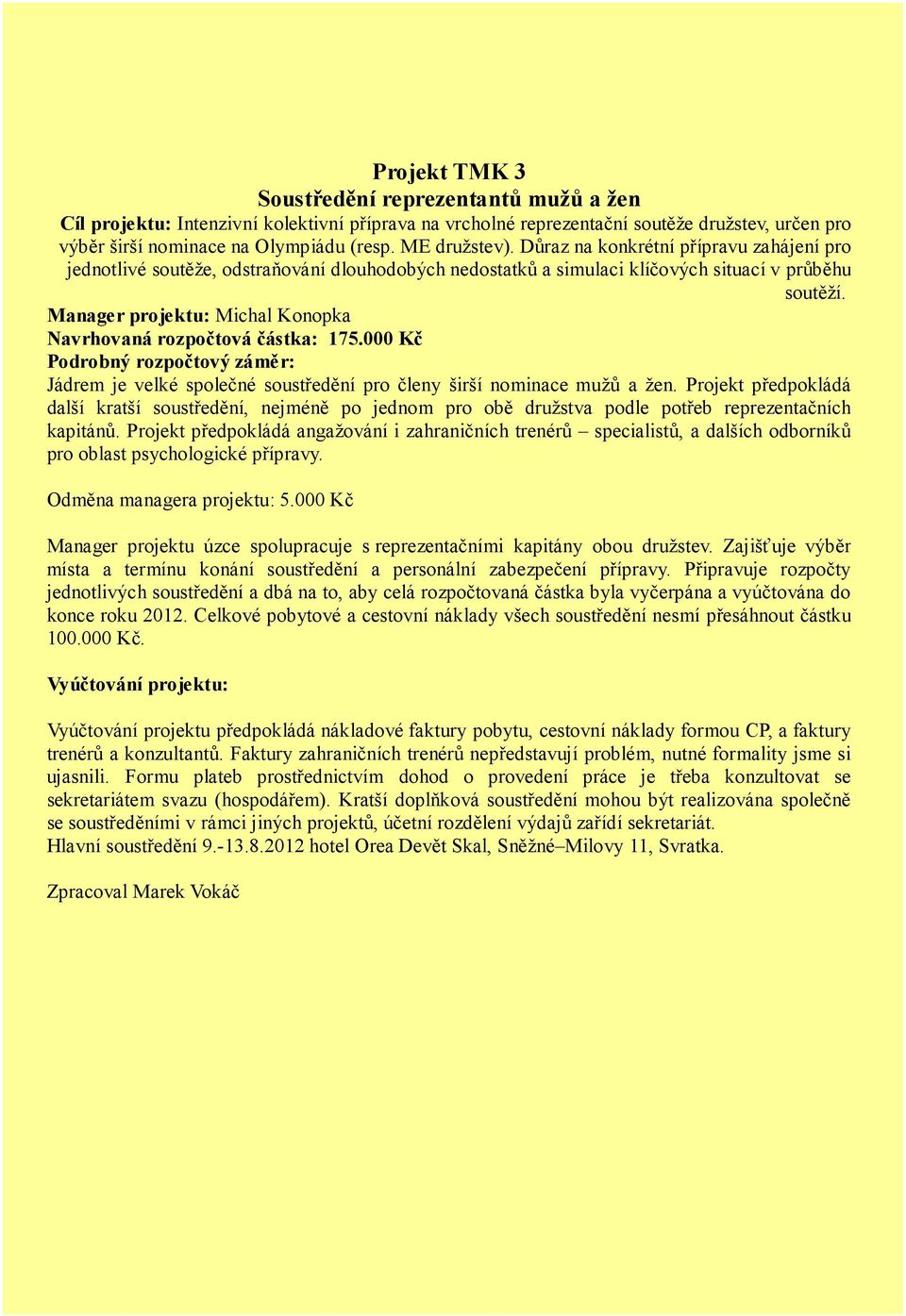 Manager projektu: Michal Konopka Navrhovaná rozpočtová částka: 175.000 Kč Jádrem je velké společné soustředění pro členy širší nominace mužů a žen.