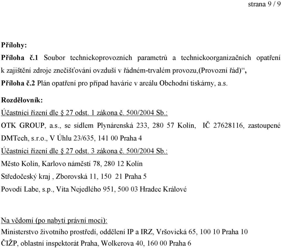 r.o., V Úhlu 23/635, 141 00 Praha 4 Účastníci řízení dle 27 odst. 3 zákona č. 500/2004 Sb.: Město Kolín, Karlovo náměstí 78, 280 12 Kolín Středočeský kraj, Zborovská 11, 150 21 Praha 5 Povodí Labe, s.