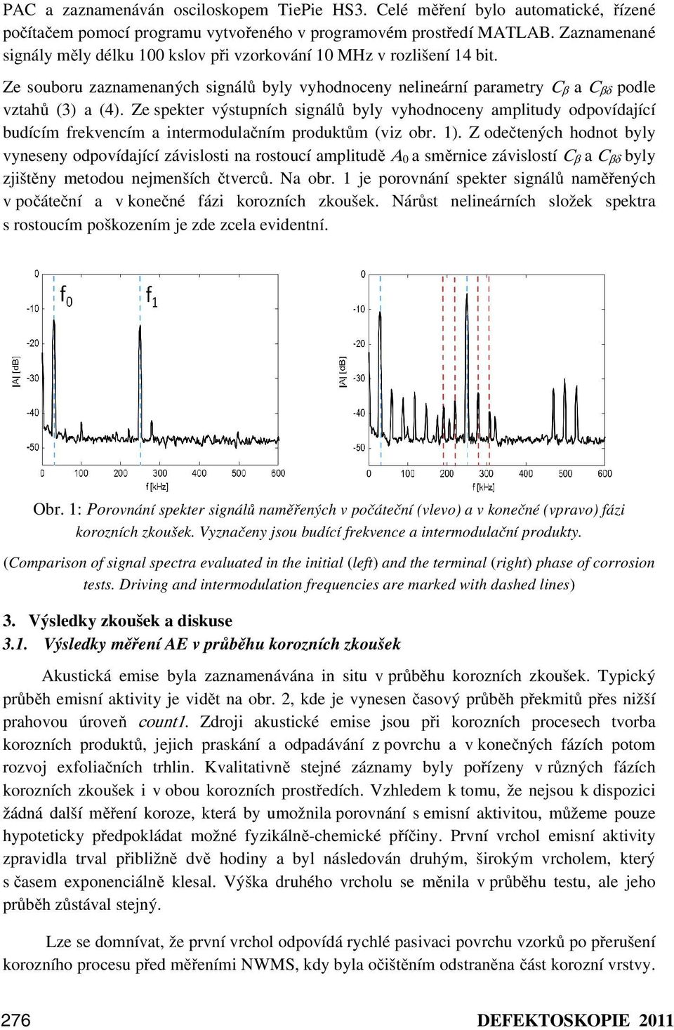Ze spekter výstupních signálů byly vyhodnoceny amplitudy odpovídající budícím frekvencím a intermodulačním produktům (viz obr. 1).