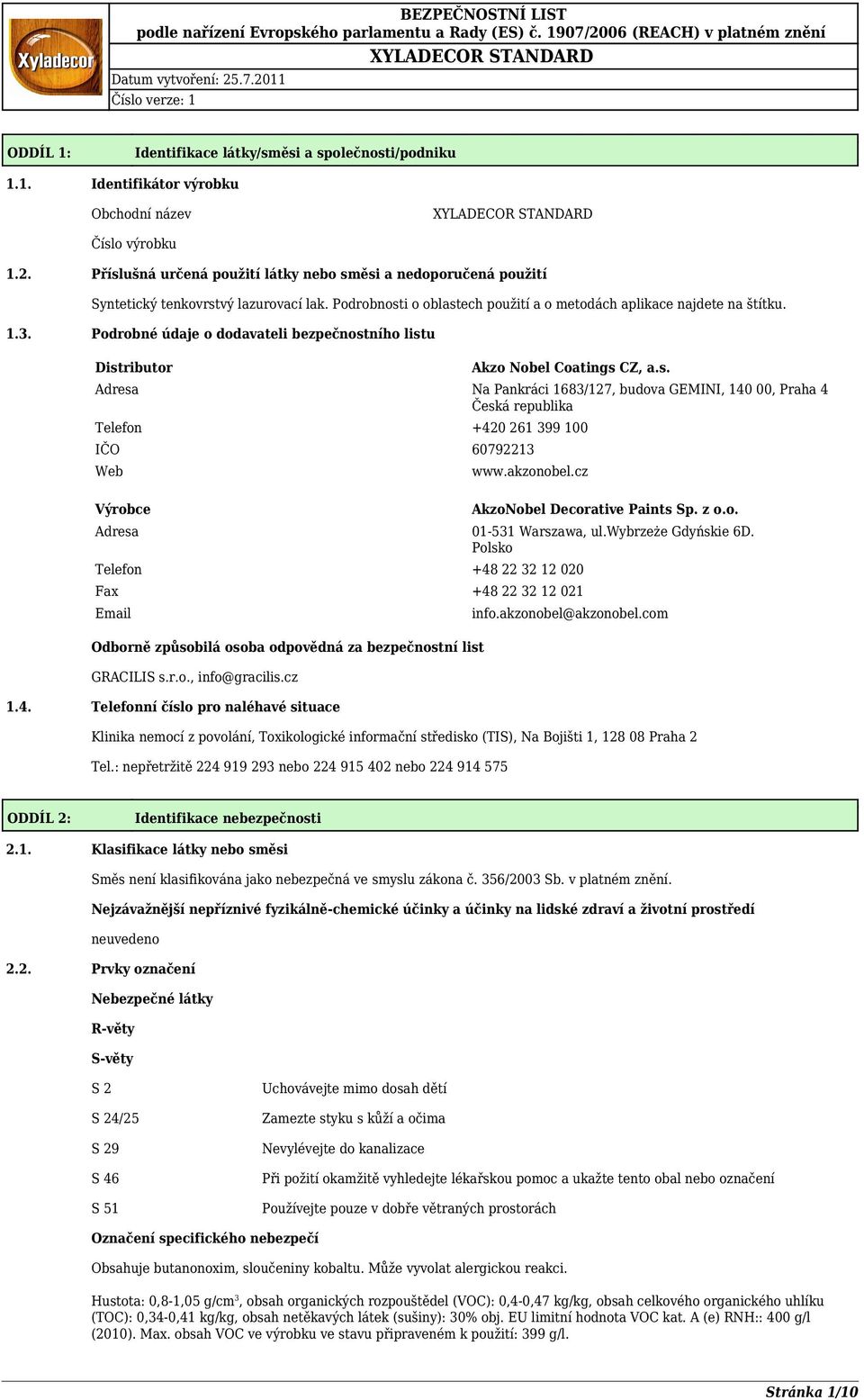Podrobné údaje o dodavateli bezpečnostního listu Distributor Akzo Nobel Coatings CZ, a.s. Adresa Na Pankráci 1683/127, budova GEMINI, 140 00, Praha 4 Česká republika Telefon +420 261 399 100 IČO 60792213 Web Výrobce www.