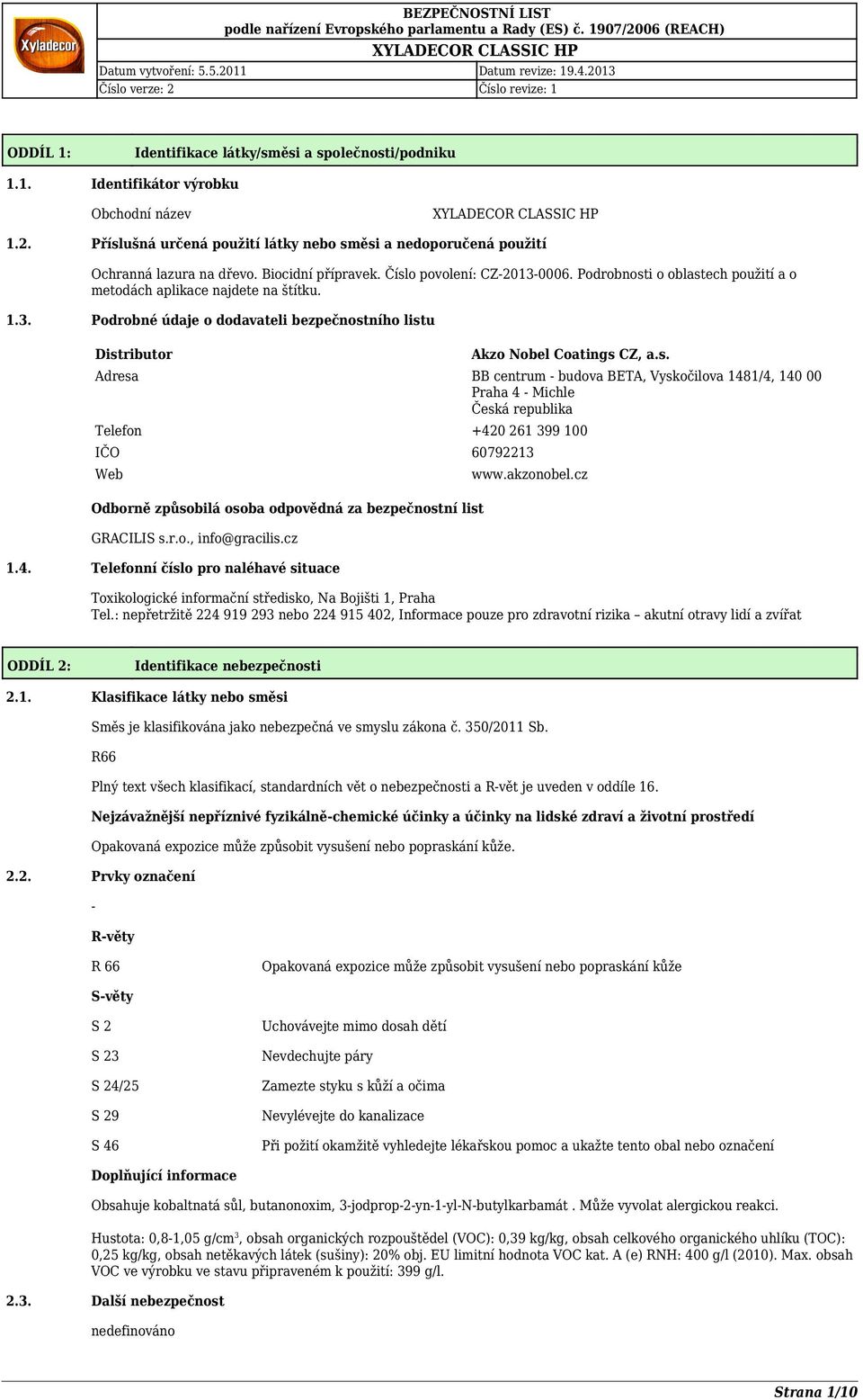 s. Adresa BB centrum budova BETA, Vyskočilova 1481/4, 140 00 Praha 4 Michle Česká republika Telefon +420 261 399 100 IČO 60792213 Web Odborně způsobilá osoba odpovědná za bezpečnostní list GRACILIS s.