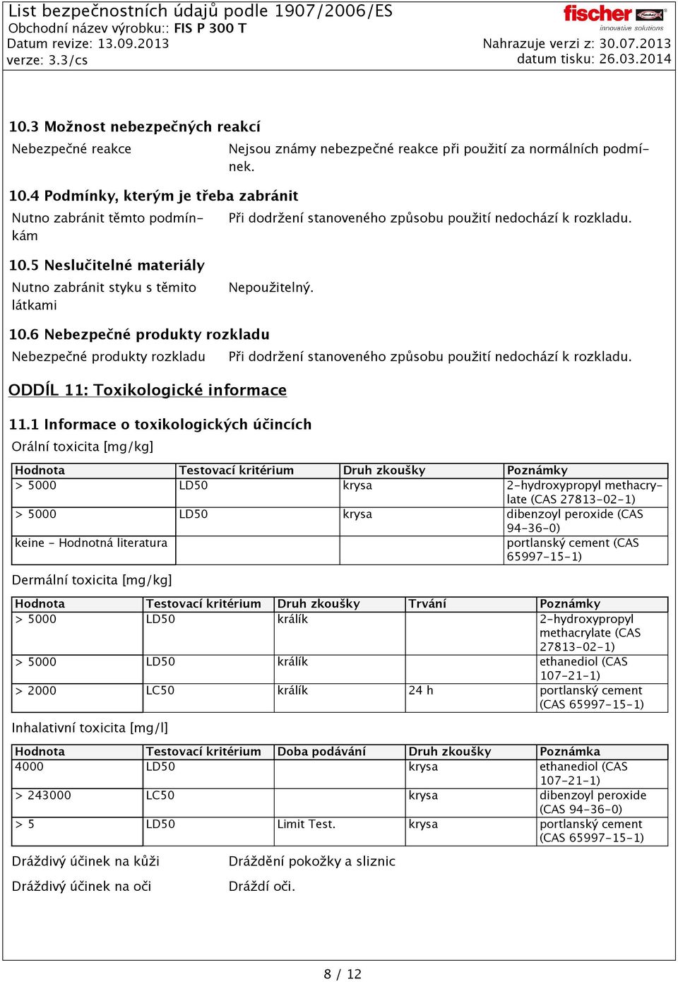 1 Informace o toxikologických účincích Orální toxicita [mg/kg] Při dodržení stanoveného způsobu použití nedochází k rozkladu.