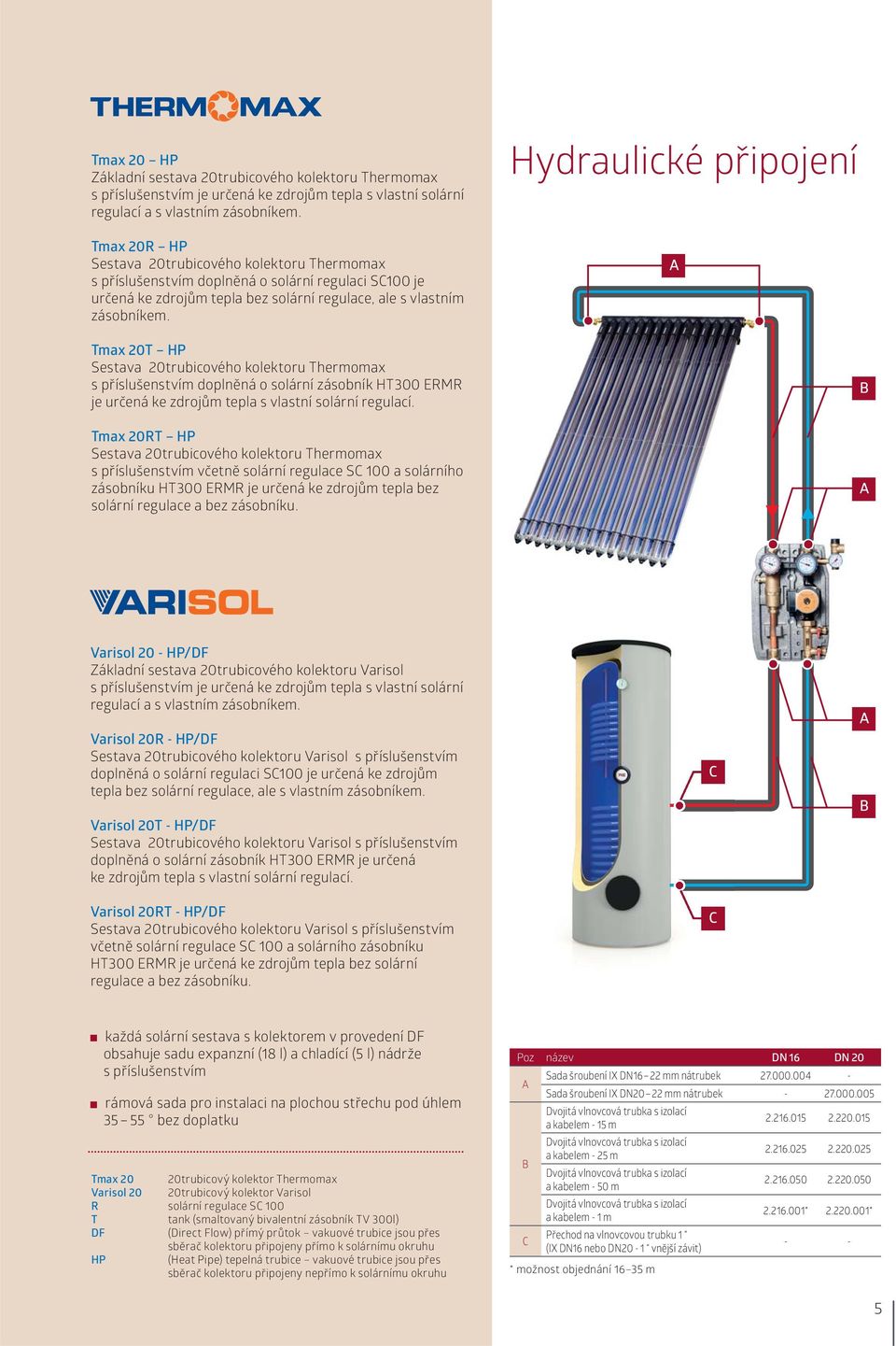 Hydraulické připojení A Tmax 20T HP Sestava 20trubicového kolektoru Thermomax s příslušenstvím doplněná o solární zásobník HT300 ERMR je určená ke zdrojům tepla s vlastní solární regulací.