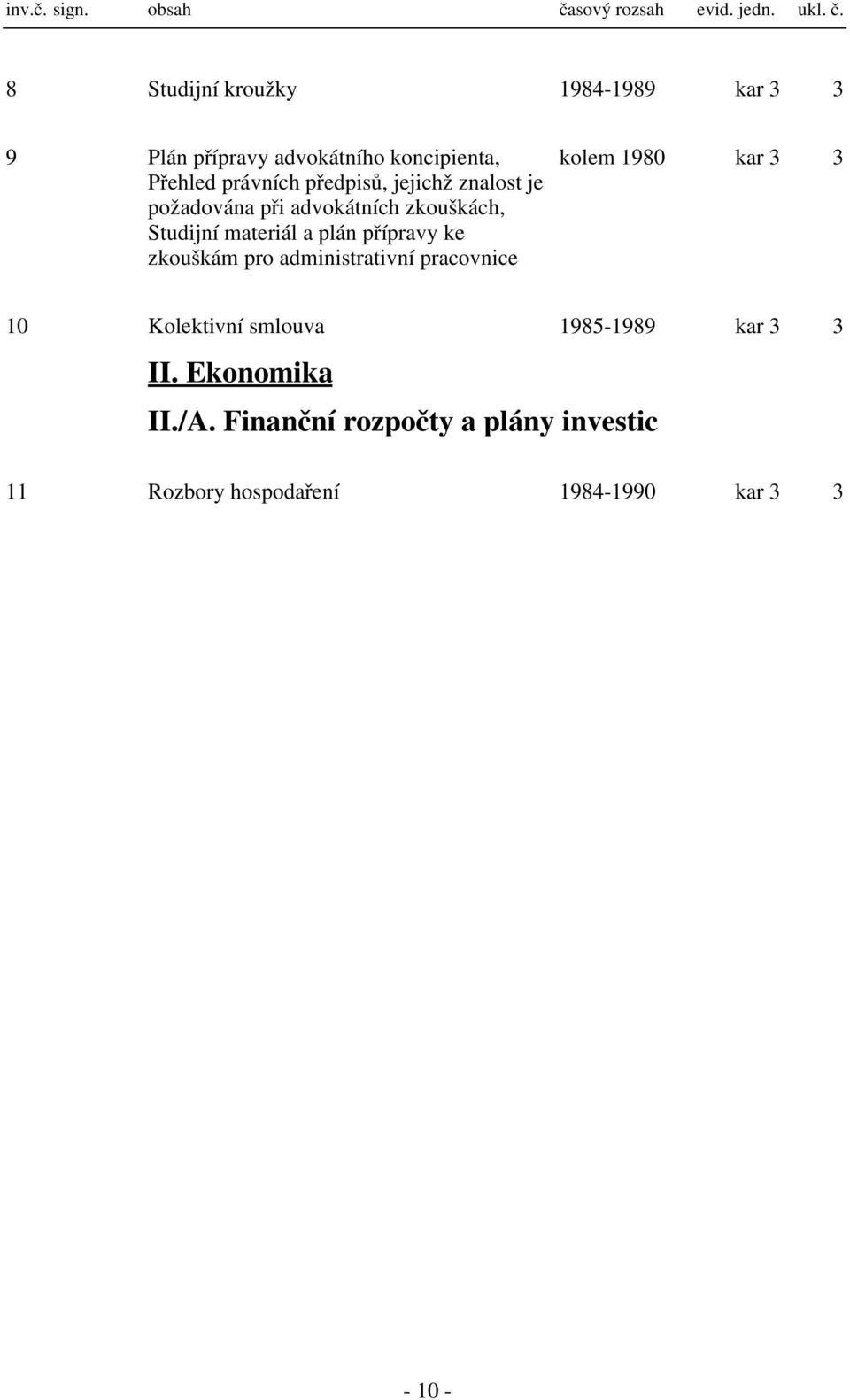 8 Studijní kroužky 1984-1989 kar 3 3 9 Plán přípravy advokátního koncipienta, Přehled právních předpisů, jejichž