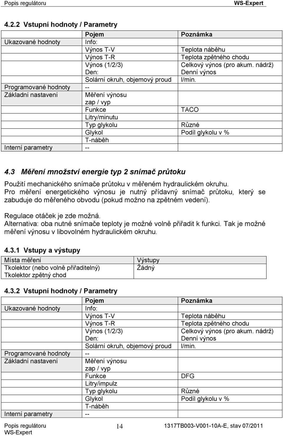 Programované hodnoty -- Základní nastavení Měření výnosu zap / vyp Funkce TACO Litry/minutu Typ glykolu Různé Glykol Podíl glykolu v % T-náběh 4.