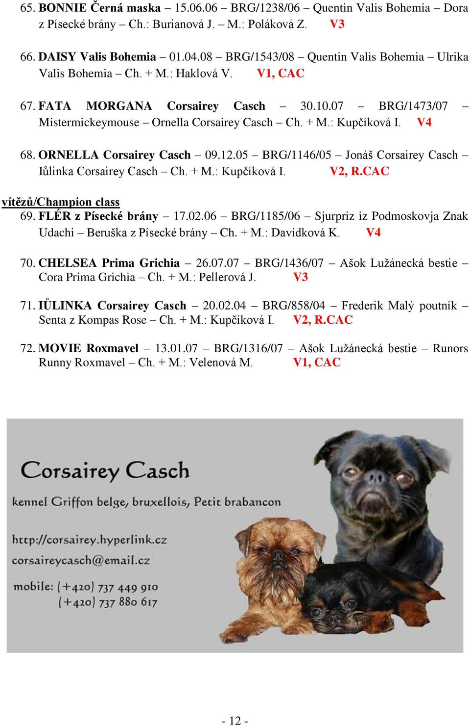 V4 68. ORNELLA Corsairey Casch 09.12.05 BRG/1146/05 Jonáš Corsairey Casch Iůlinka Corsairey Casch Ch. + M.: Kupčíková I. V2, R.CAC vítězů/champion class 69. FLÉR z Písecké brány 17.02.