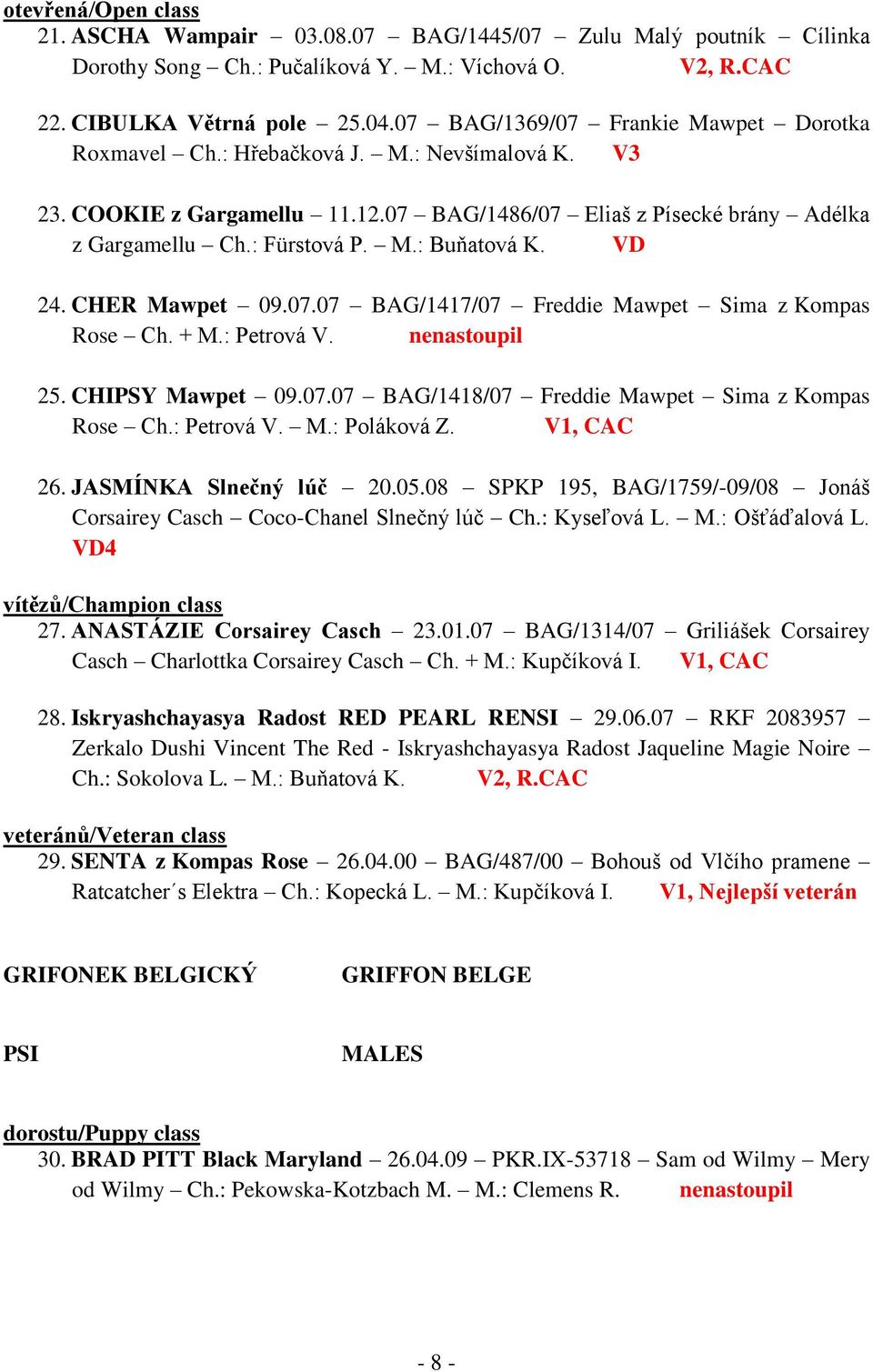 VD 24. CHER Mawpet 09.07.07 BAG/1417/07 Freddie Mawpet Sima z Kompas Rose Ch. + M.: Petrová V. nenastoupil 25. CHIPSY Mawpet 09.07.07 BAG/1418/07 Freddie Mawpet Sima z Kompas Rose Ch.: Petrová V. M.: Poláková Z.