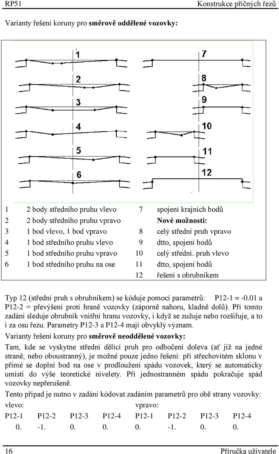 pruh vlevo 6 1 bod středního pruhu na ose 11 dtto, spojení bodů 12 řešení s obrubníkem Typ 12 (střední pruh s obrubníkem) se kóduje pomocí parametrů: P12-1 = -0.
