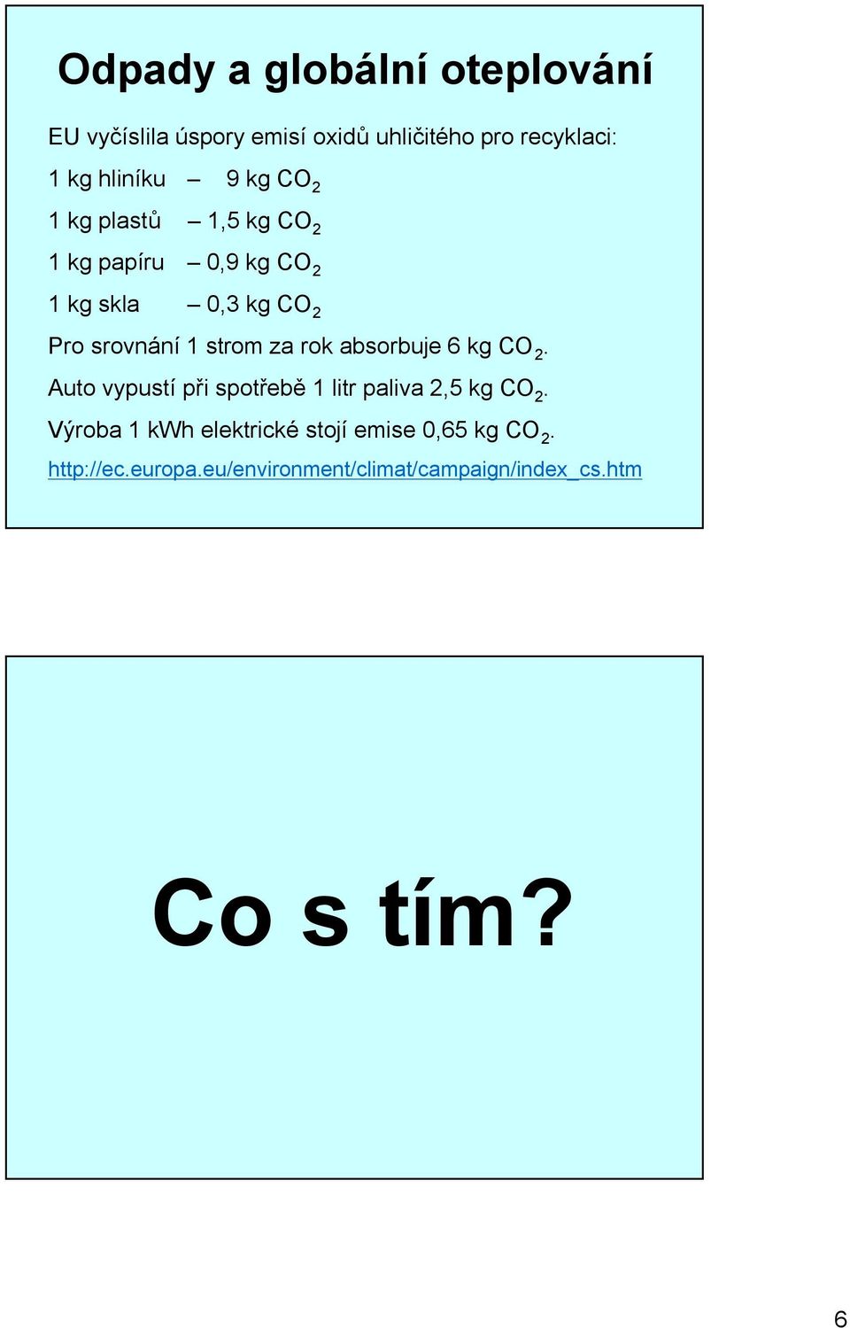 za rok absorbuje 6 kg CO 2. Auto vypustí při spotřebě 1 litr paliva 2,5 kg CO 2.