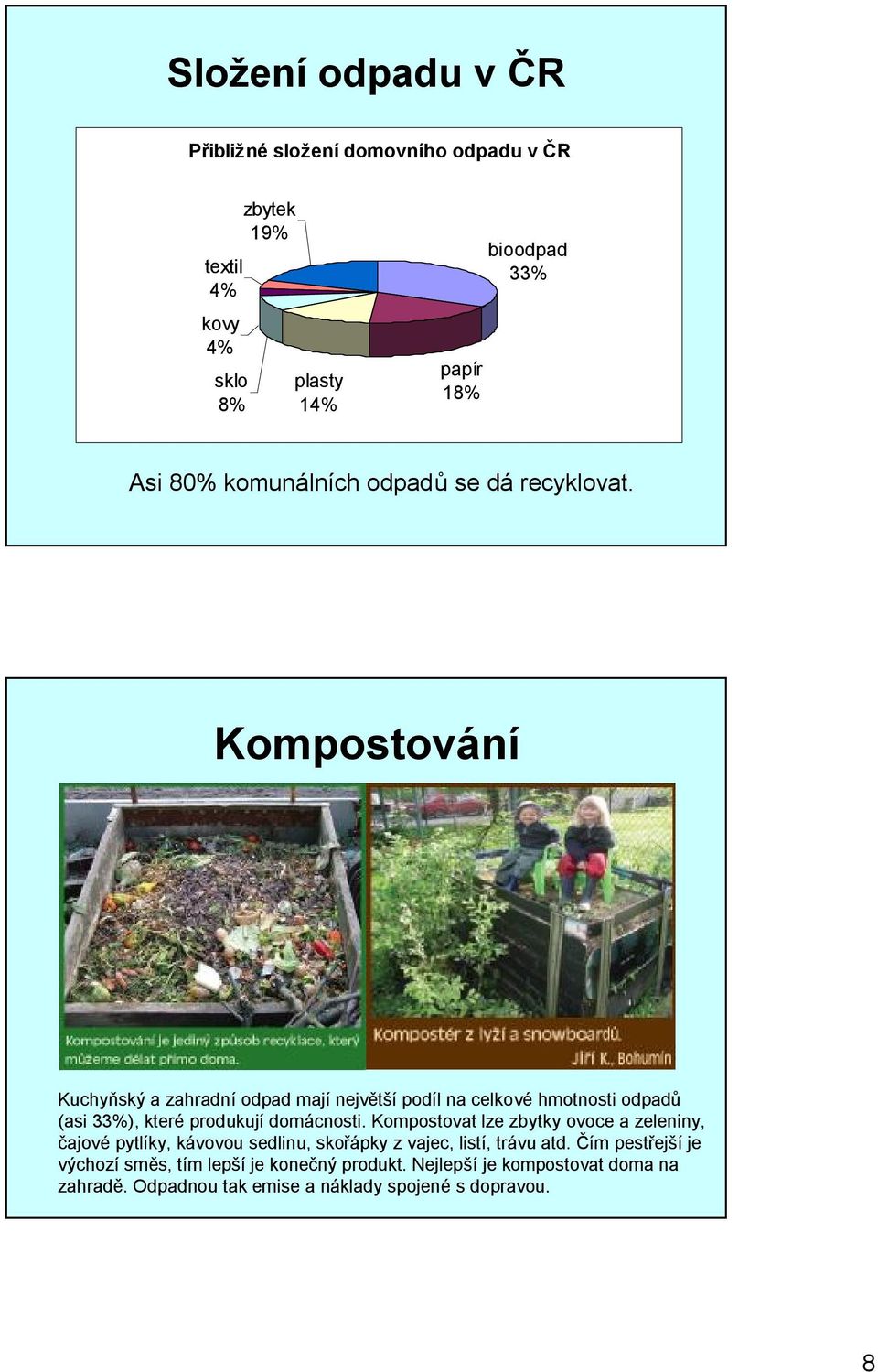 Kompostování Kuchyňský a zahradní odpad mají největší podíl na celkové hmotnosti odpadů (asi 33%), které produkují domácnosti.