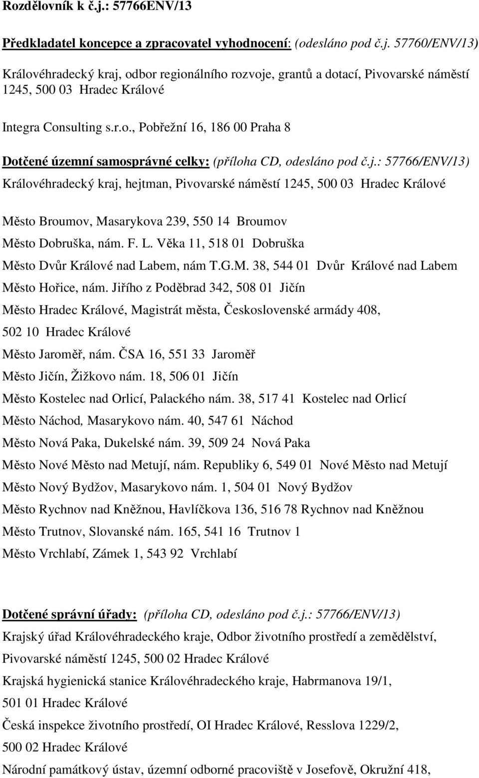 : 57766/ENV/13) Královéhradecký kraj, hejtman, Pivovarské náměstí 1245, 500 03 Hradec Králové Město Broumov, Masarykova 239, 550 14 Broumov Město Dobruška, nám. F. L.