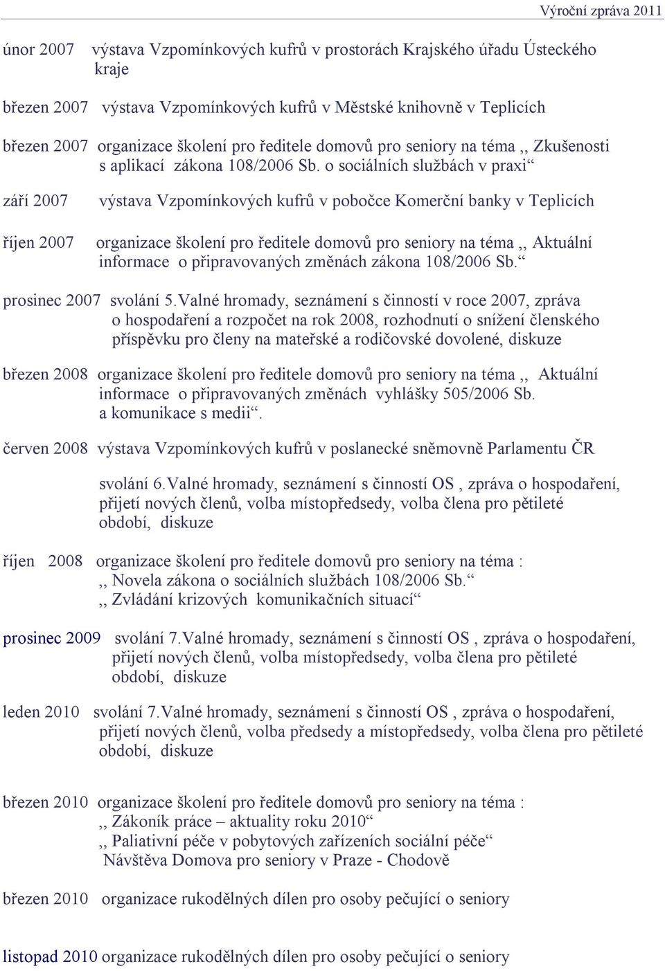 o sociálních službách v praxi září 2007 říjen 2007 výstava Vzpomínkových kufrů v pobočce Komerční banky v Teplicích organizace školení pro ředitele domovů pro seniory na téma,, Aktuální informace o