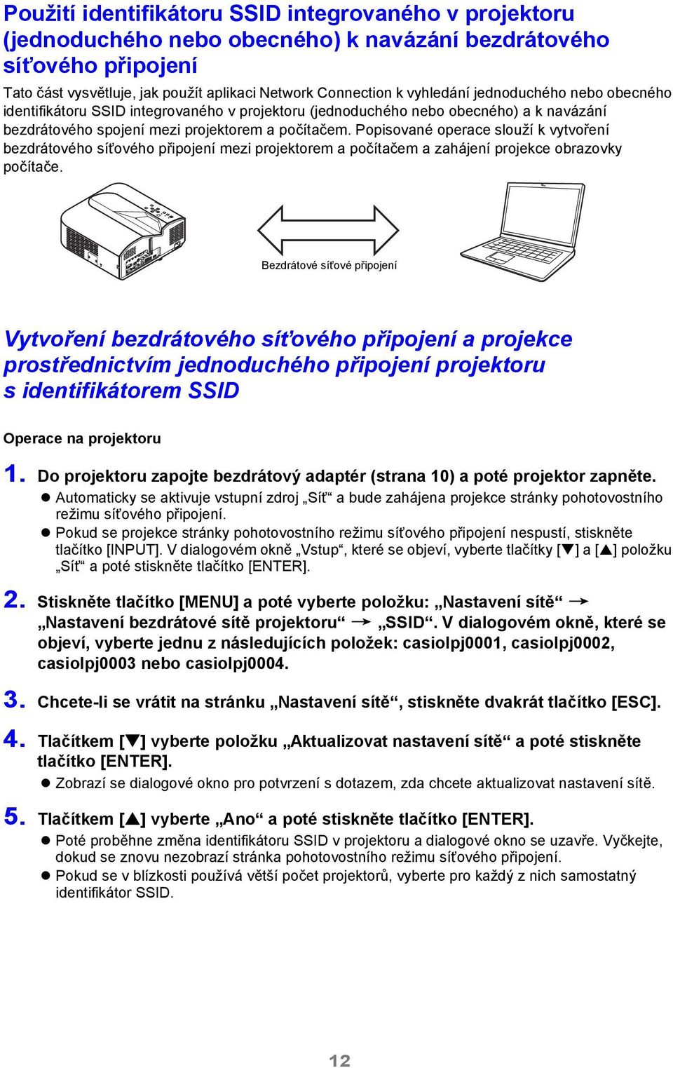 Popisované operace slouží k vytvoření bezdrátového síťového připojení mezi projektorem a počítačem a zahájení projekce obrazovky počítače.