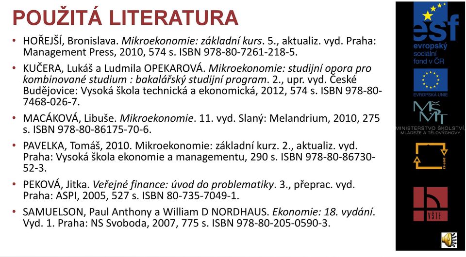 MACÁKOVÁ, Libuše. Mikroekonomie. 11. vyd. Slaný: Melandrium, 2010, 275 s. ISBN 978-80-86175-70-6. PAVELKA, Tomáš, 2010. Mikroekonomie: základní kurz. 2., aktualiz. vyd. Praha: Vysoká škola ekonomie a managementu, 290 s.