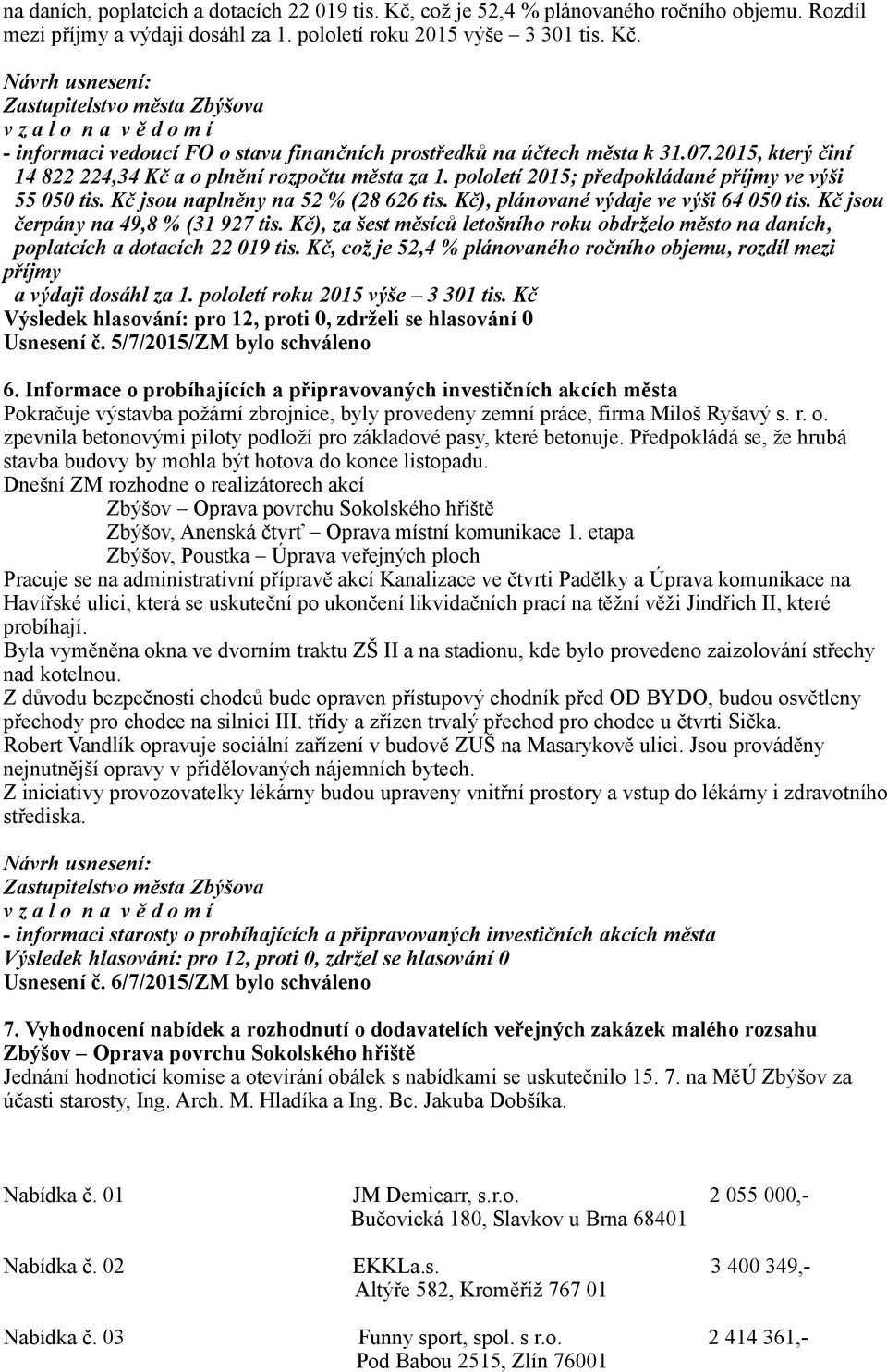 Kč), plánované výdaje ve výši 64 050 tis. Kč jsou čerpány na 49,8 % (31 927 tis. Kč), za šest měsíců letošního roku obdrželo město na daních, poplatcích a dotacích 22 019 tis.