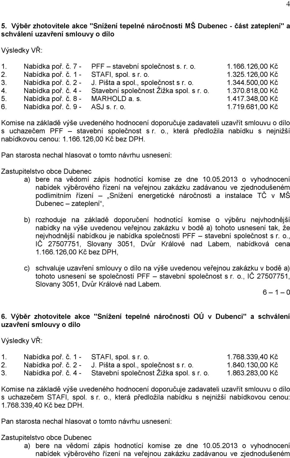 818,00 Kč 5. Nabídka poř. č. 8 - MARHOLD a. s. 1.417.348,00 Kč 6. Nabídka poř. č. 9 - ASJ s. r. o. 1.719.