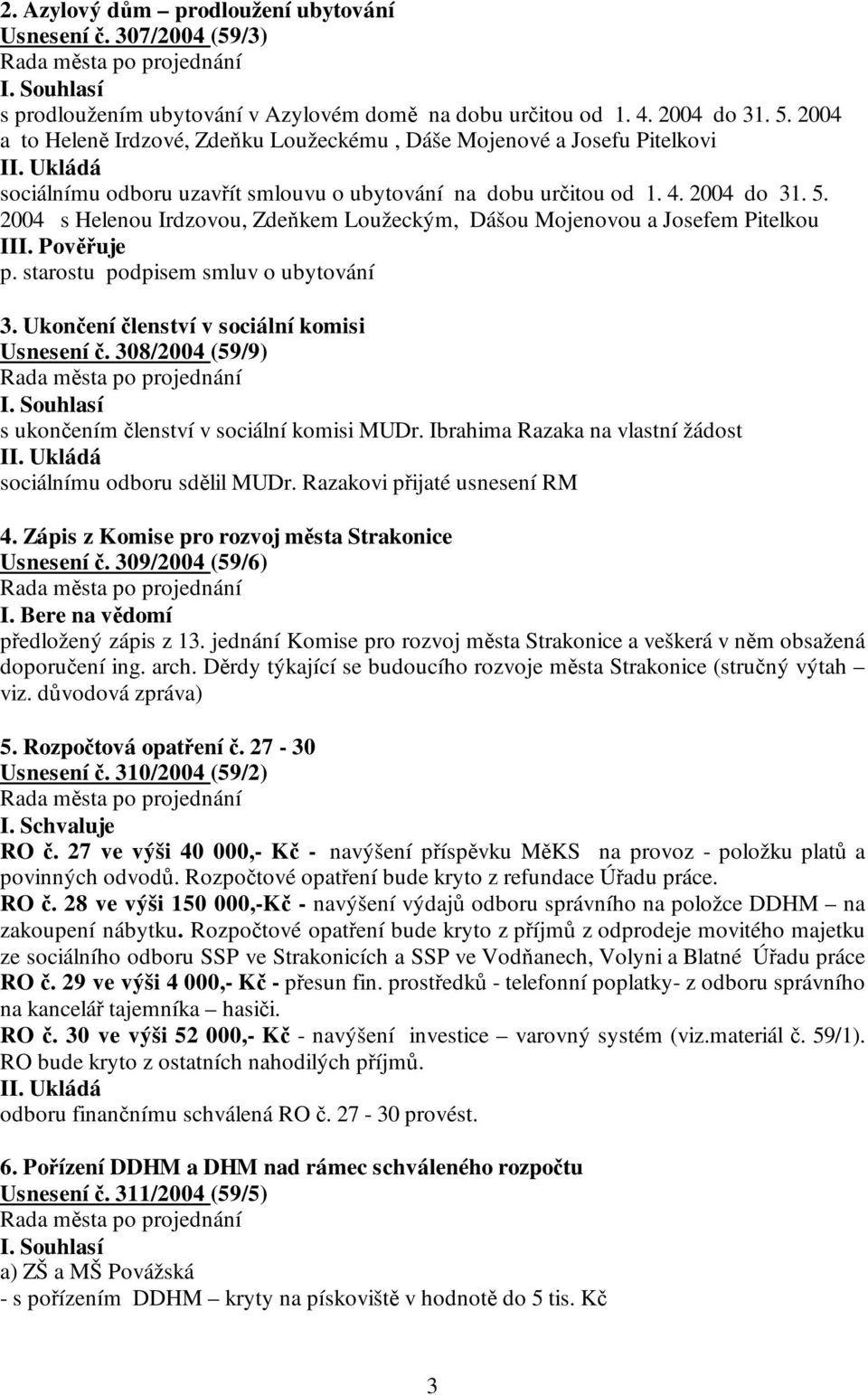 2004 s Helenou Irdzovou, Zdeňkem Loužeckým, Dášou Mojenovou a Josefem Pitelkou I p. starostu podpisem smluv o ubytování 3. Ukončení členství v sociální komisi Usnesení č.